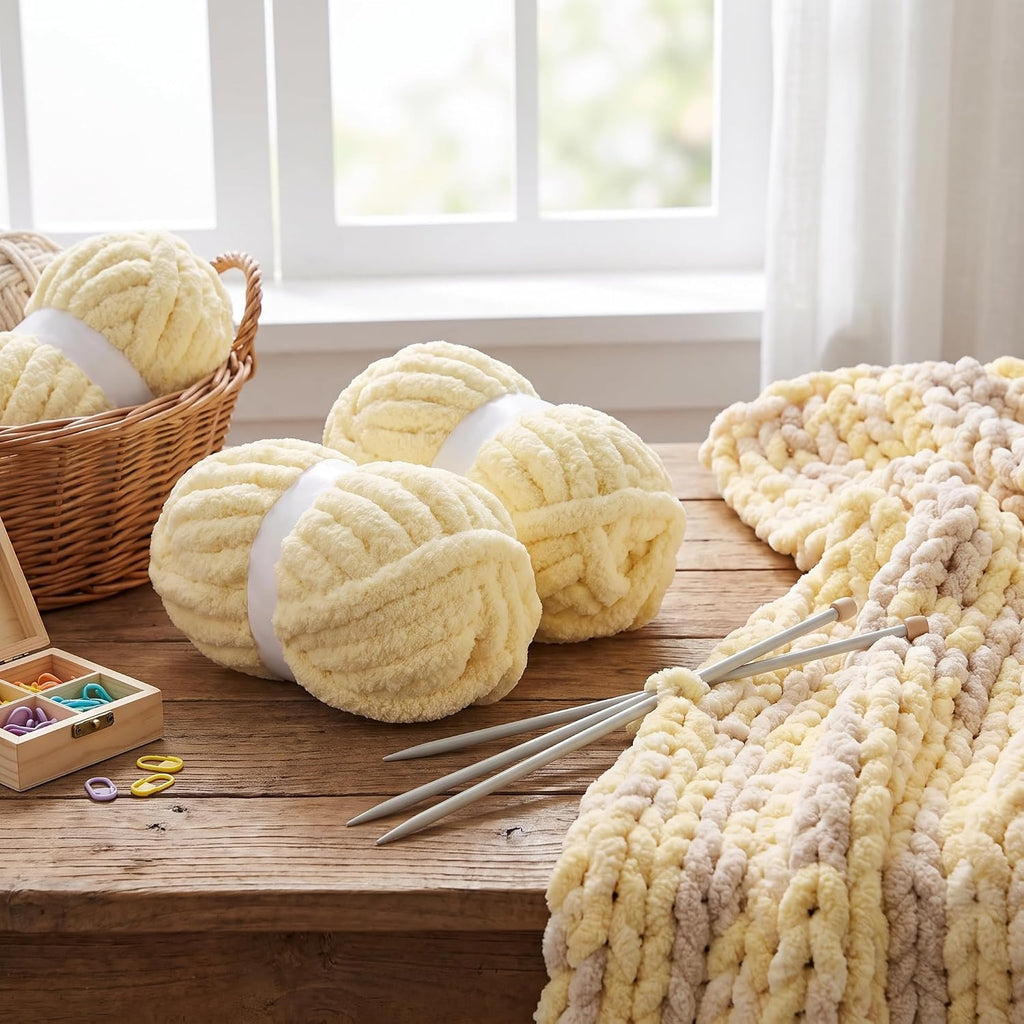 Chunky Chenille Yarn for Hand Knitting, 3 Skein, Bright Yellow