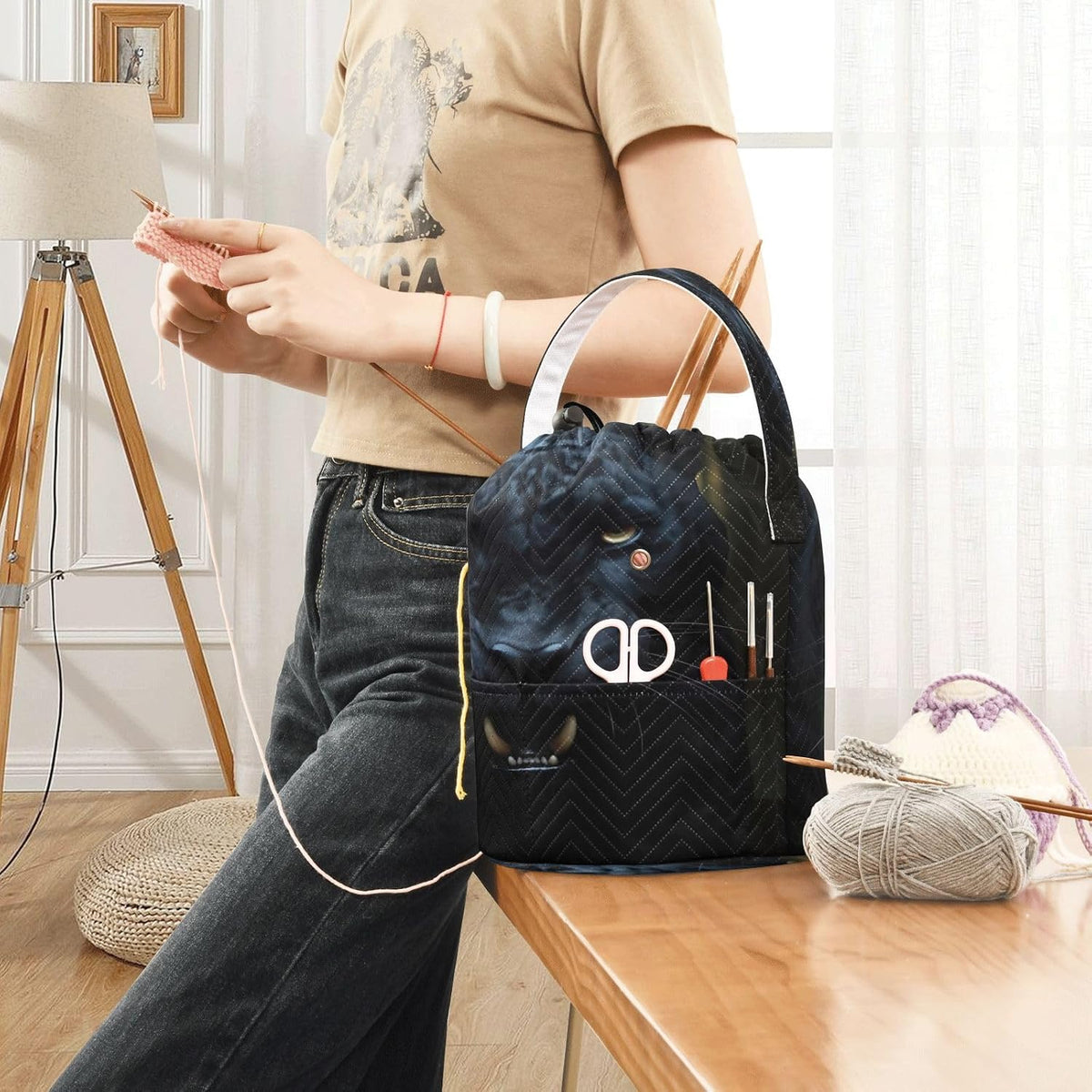 YETTASBIN Panther Yarn Storage Bag, Large Crochet Knitting Bag