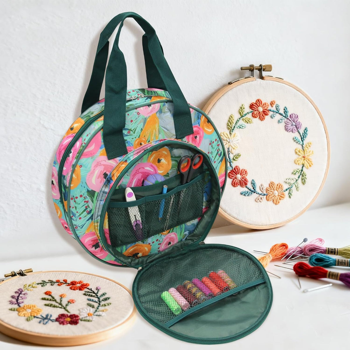 Round Embroidery Project Bag, Tote for Hoops, Floss&Sewing Supplies
