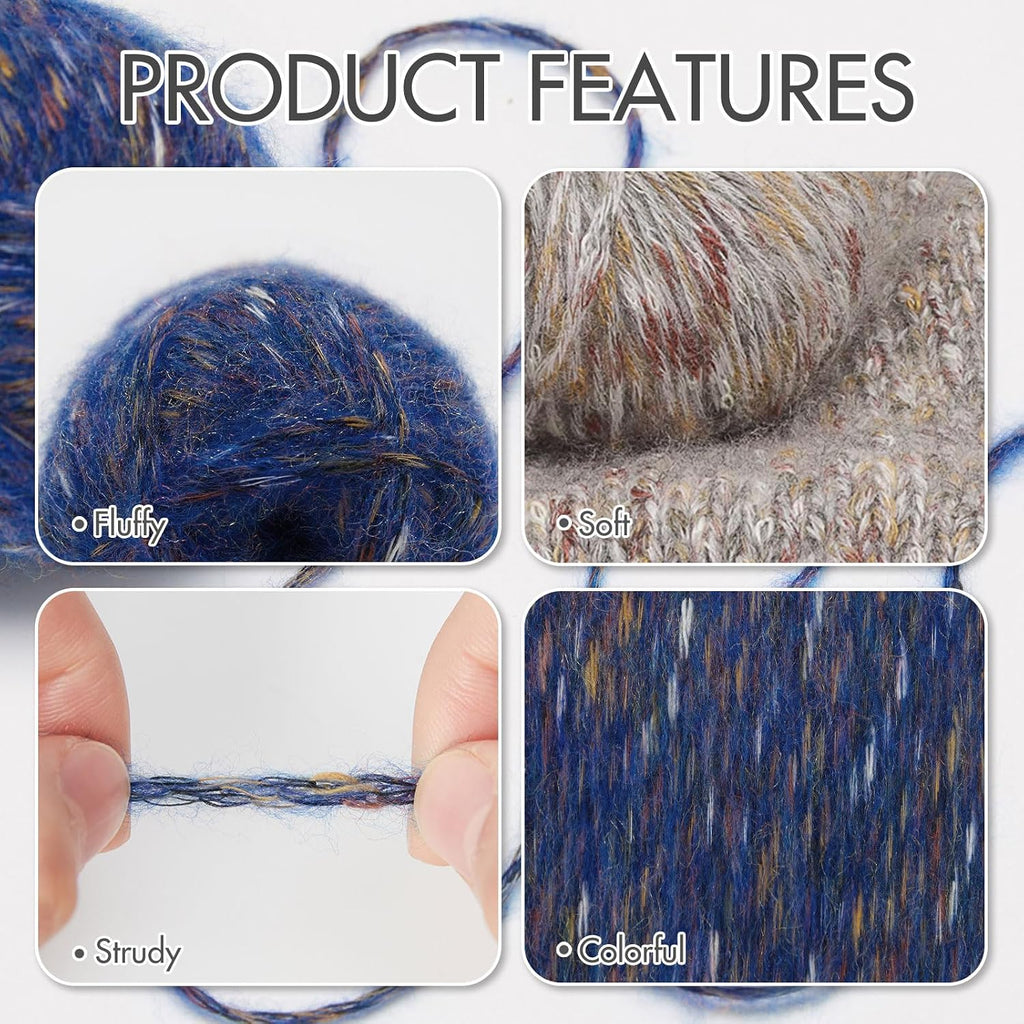 NICEEC 4 Skeins Fluffy Wool-Acrylic Blend Yarn 7.05oz/610yds- Blue