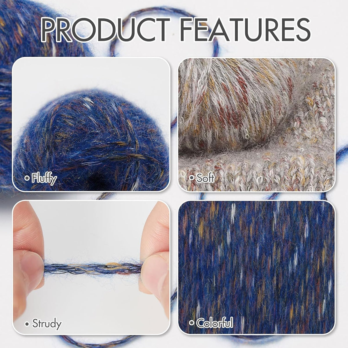 NICEEC 4 Skeins Fluffy Wool-Acrylic Blend Yarn 7.05oz/610yds- Blue