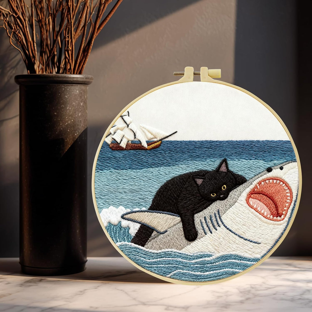 Black Cat Riding a Shark and a Sailboat Stamped Pattern Embroidery Kit