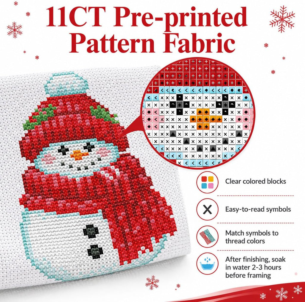 WUSARPLY Christmas Snowman Stamped Cross Stitch Kits for Adults with