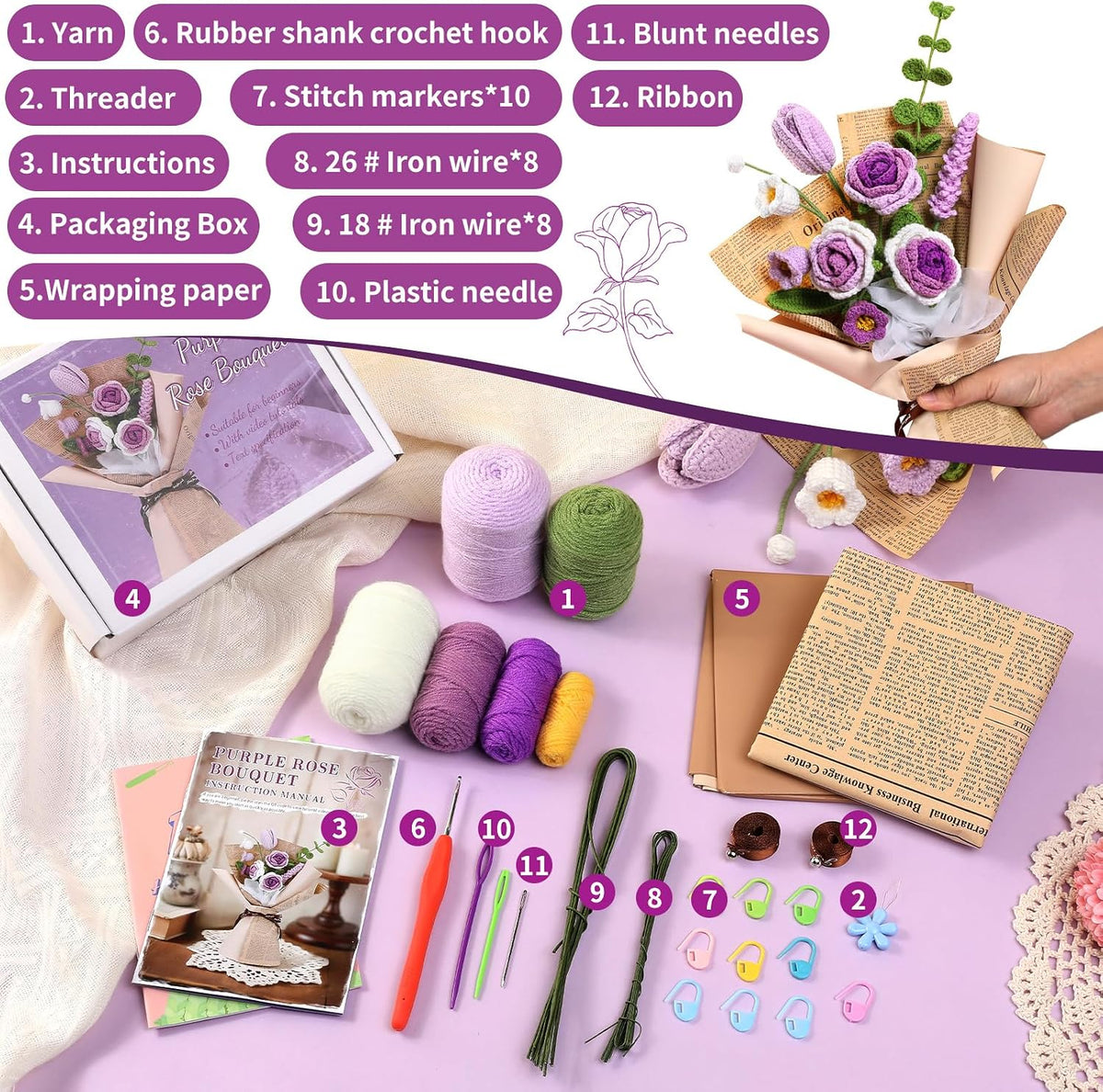 Kogyxe Crochet Kit for Beginners Purple Rose Crochet Flowers for