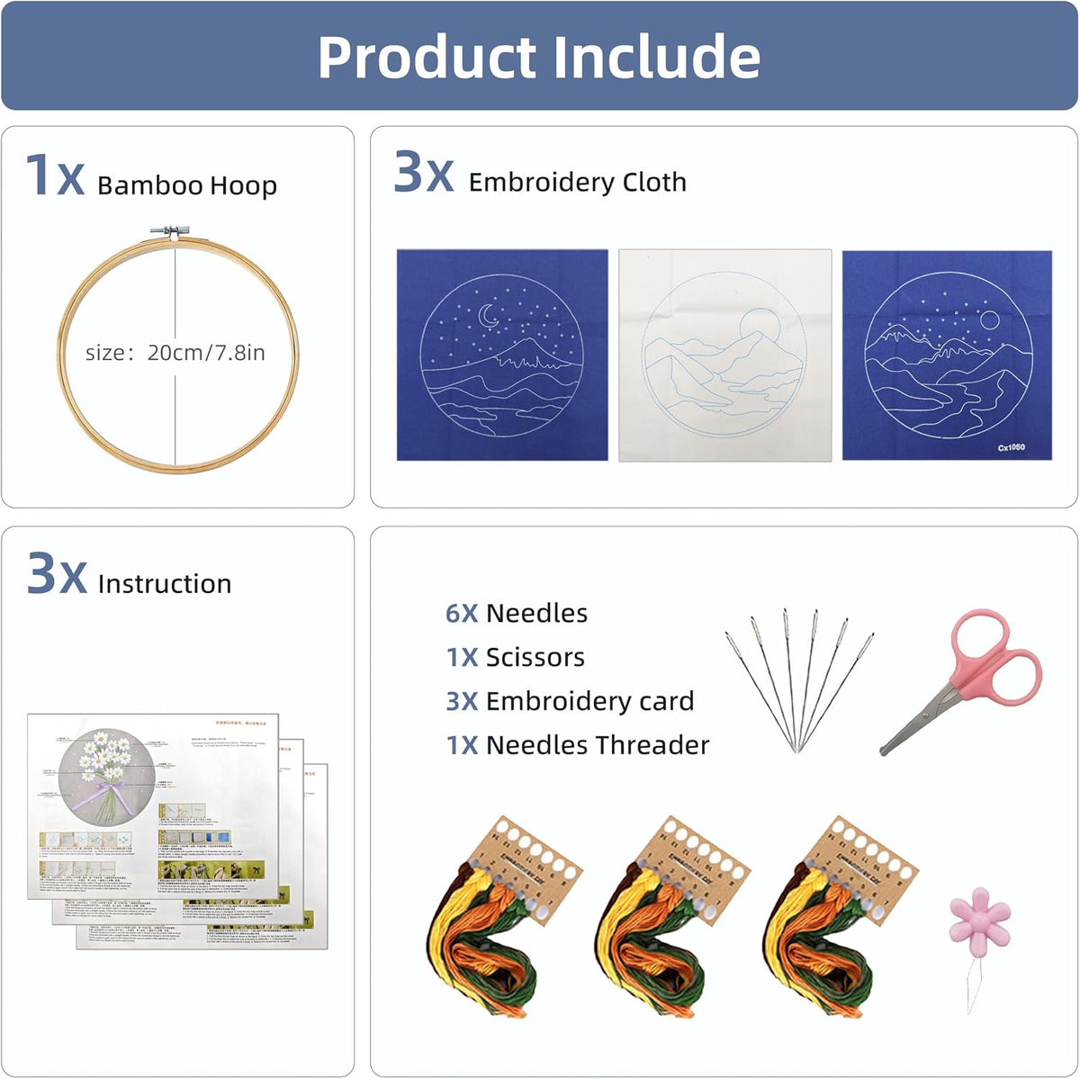 KEKEMEOW 3 Sets Embroidery Kit for Beginners, Stitches with Landscape