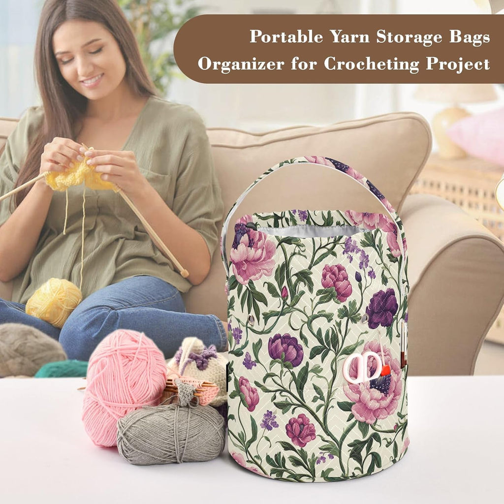 Vintage Flowers Green Leaves Yarn Storage Portable Yarn Project Bag
