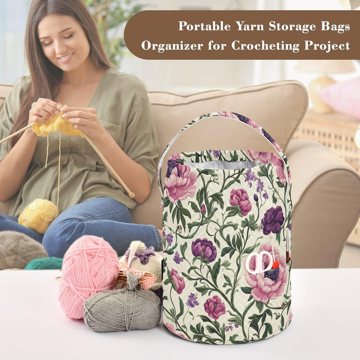 Vintage Flowers Green Leaves Yarn Storage Portable Yarn Project Bag