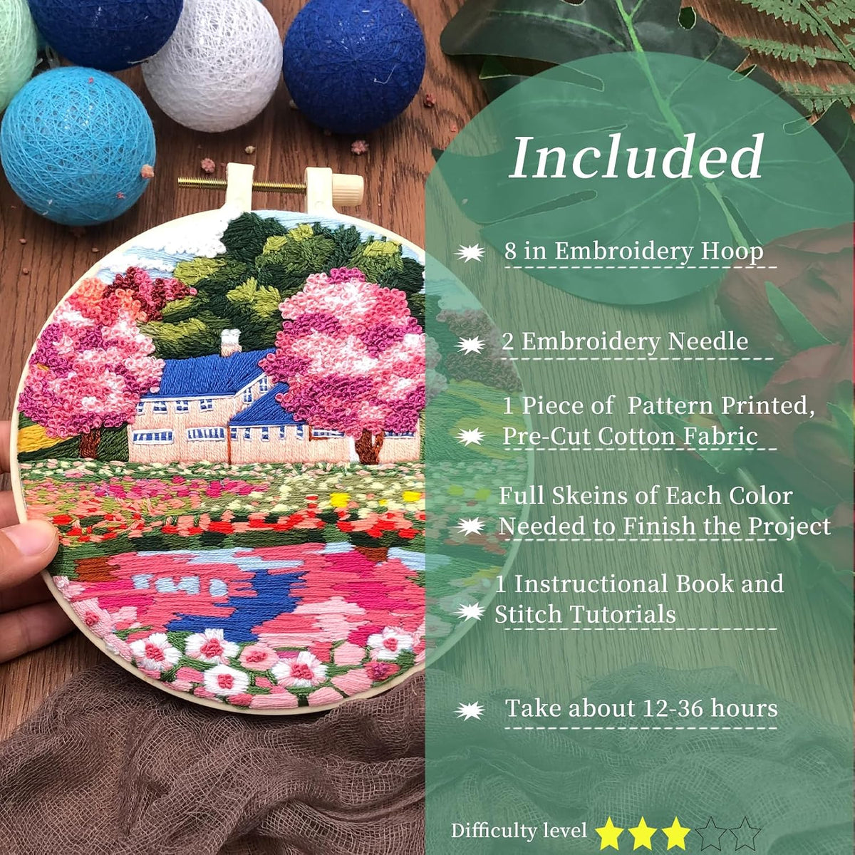 FONNUY Embroidery Kit for Beginners, Boho Nature Landscape Pre-Stamped