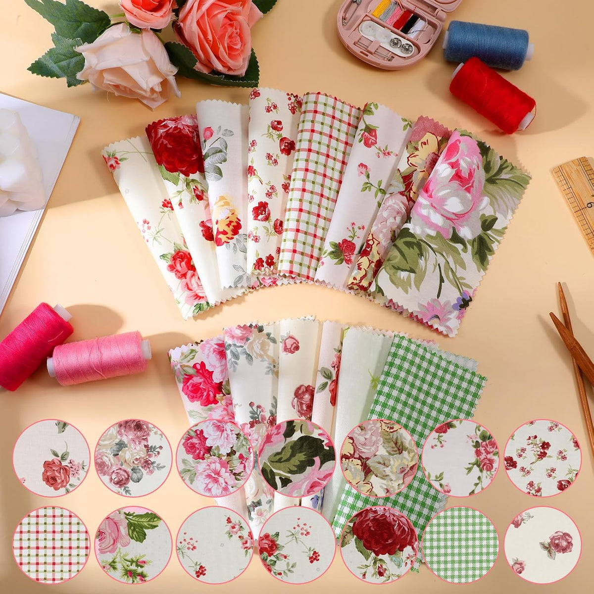 42Pcs Pink Charm Packs for Quilting, 100% Cotton Fabric Squares 5 x