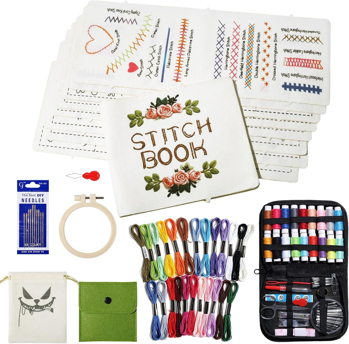 PulsePine Embroidery Stitch Book Kit with 16 Pages Practice Fabric,32