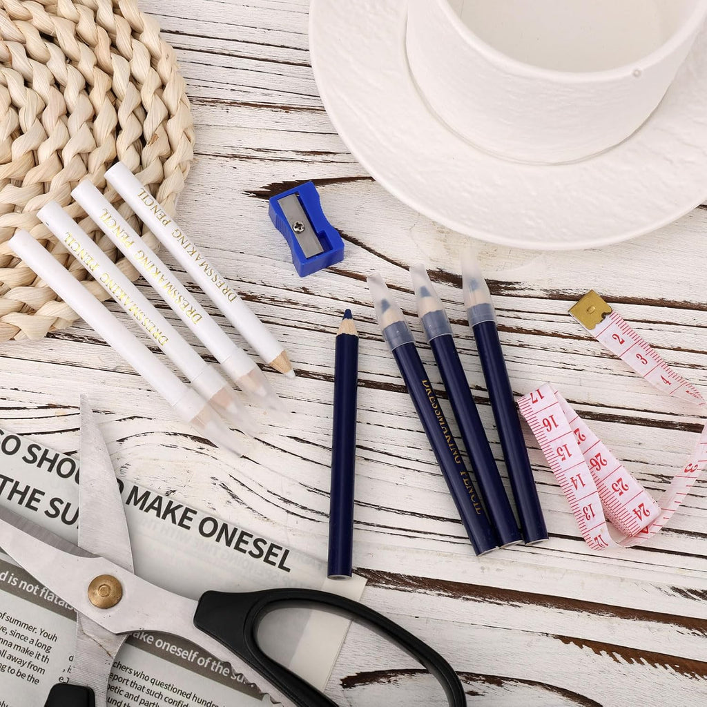 BOXOB 8pcs Fabric Pencils for Sewing, White and Blue