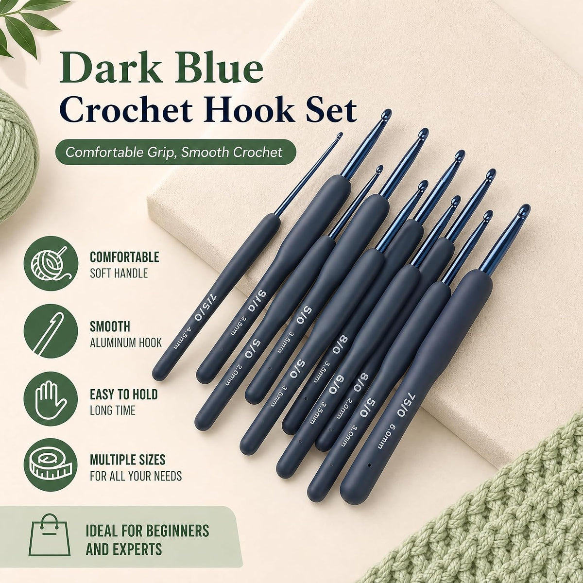 Aluminum Crochet Hook Set, 9Pcs 2.0mm-6.0mm Blue Silicone Soft Grips