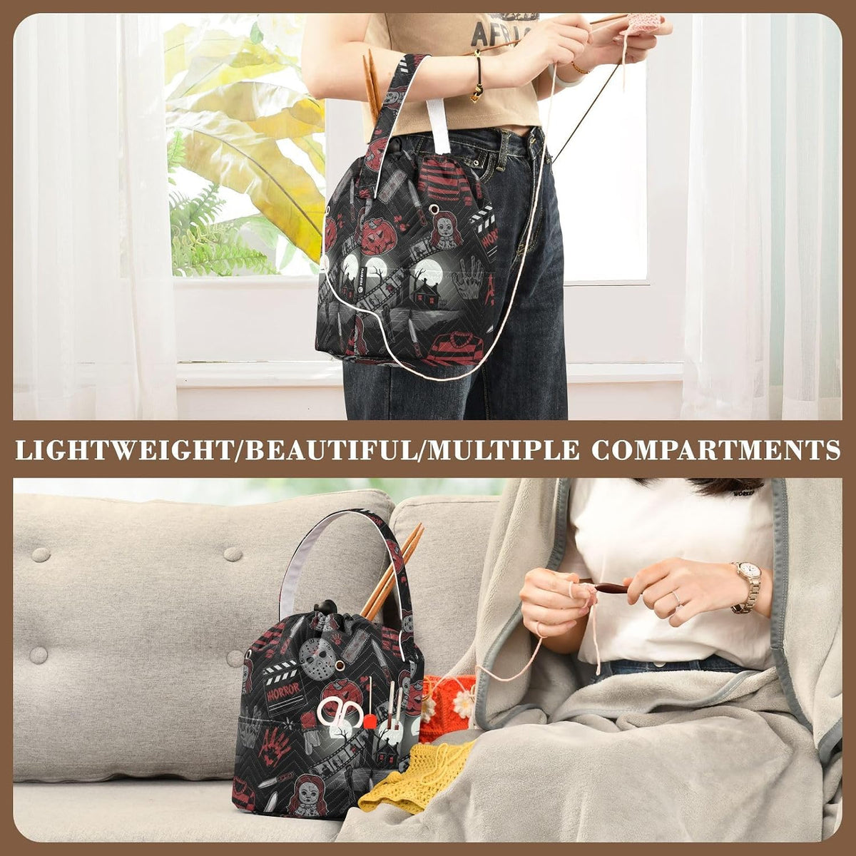 Horror Movie Elements Seamless Pattern Crochet Bag Crochet Organizer