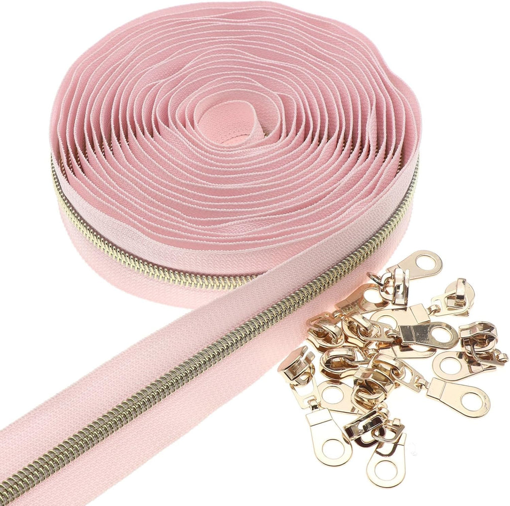 Leekayer #5 Nylon Zippers Bulk 5 Yards Light Gold Teeth Zipper Pink