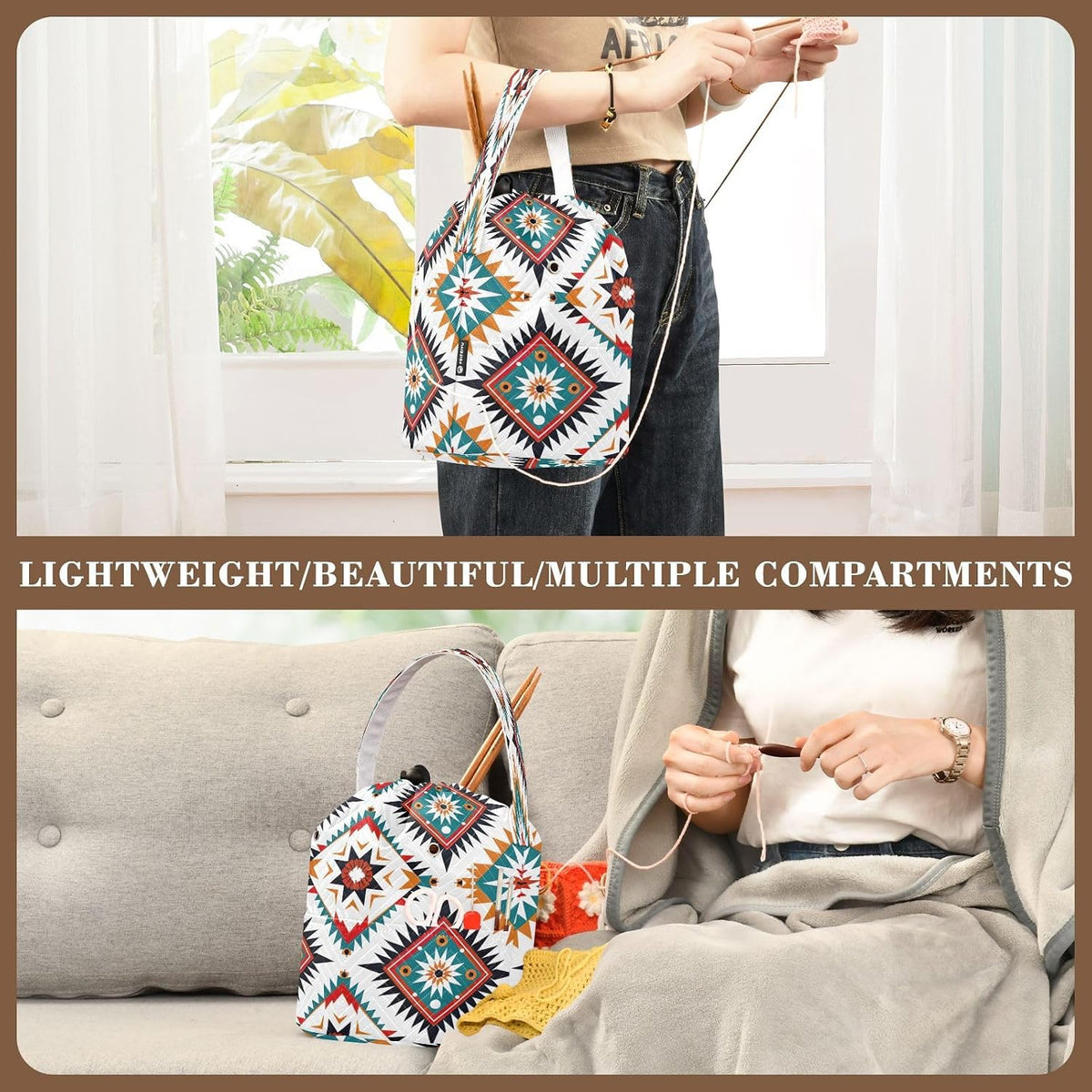 YETTASBIN Aztec Yarn Storage Bag, Large Crochet Knitting Bag Organizer