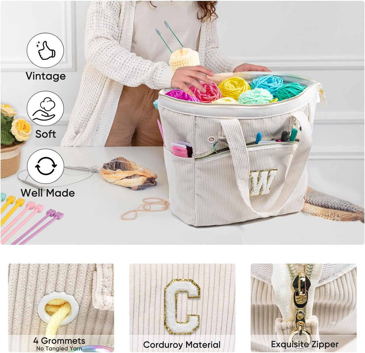 Initial Personalized Corduroy Yarn Bag Tote - Storage & Holder for