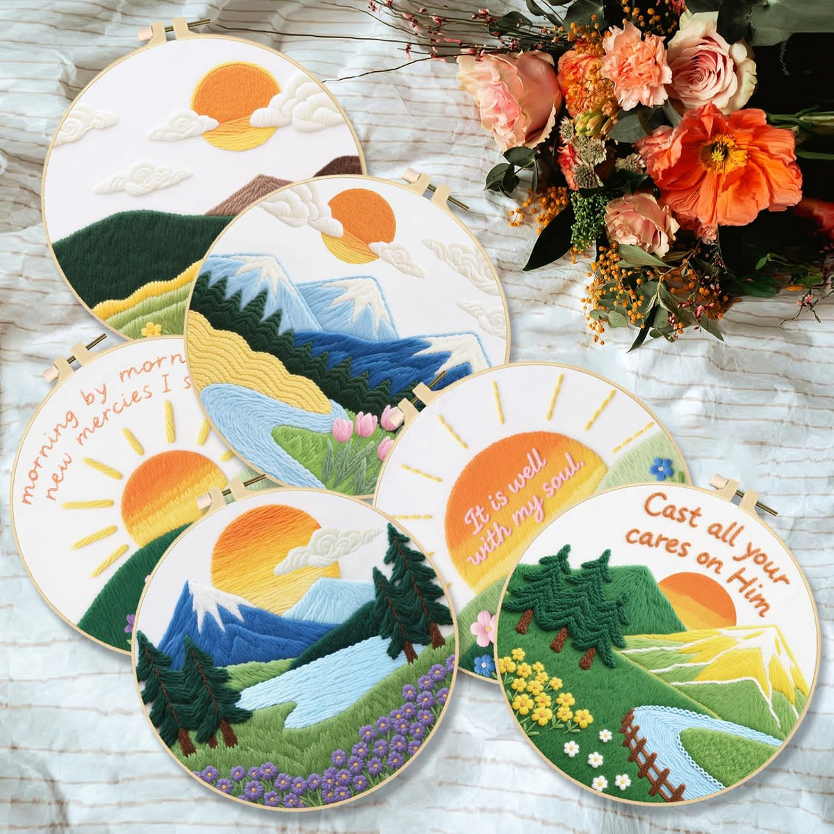 INFUNLY 6 Sets Landscape Embroidery Kit for Beginner Sun Scenery