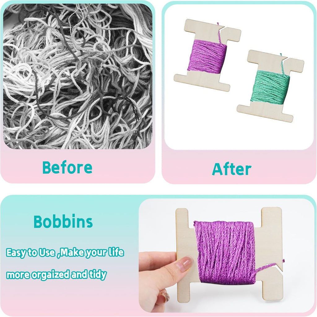 50 PCS Ribbon Storage Organizer, Empty Wooden Flat Spool Bobbin Sewing
