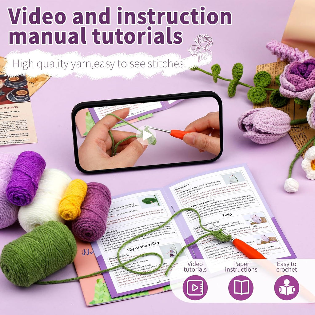 Kogyxe Crochet Kit for Beginners Purple Rose Crochet Flowers for