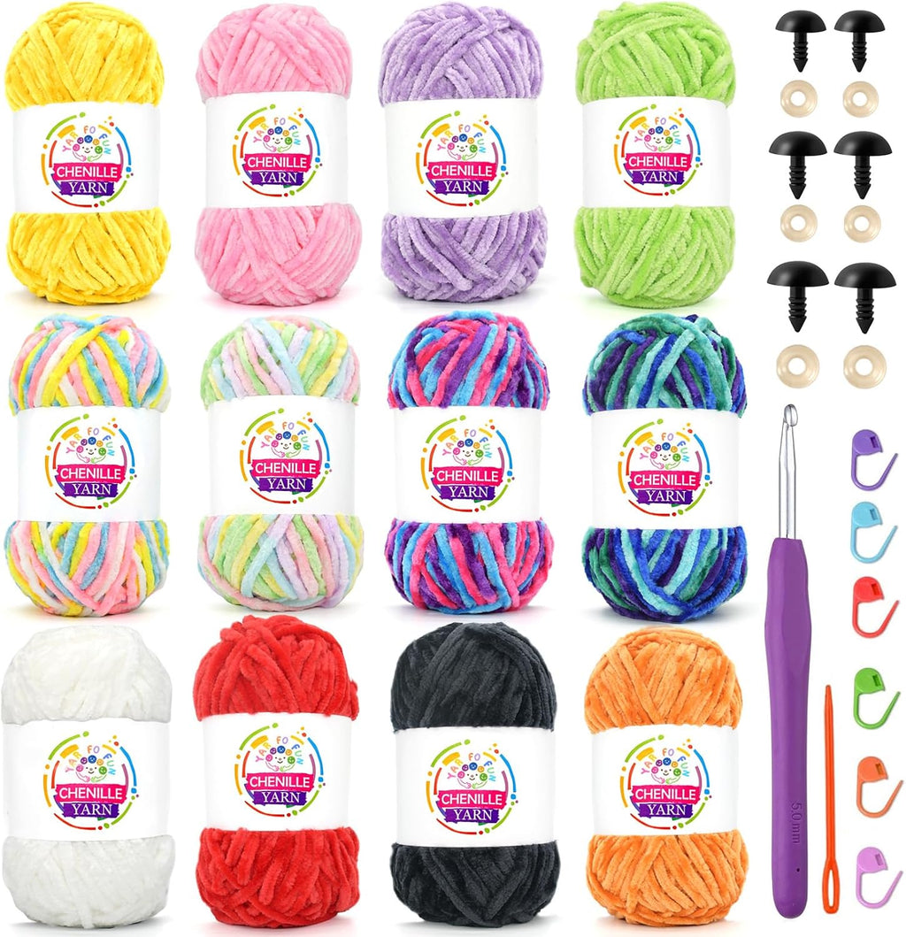 12 Pack Rainbow Velvet Chenille Yarn for Crocheting,Multicolor Fluffy