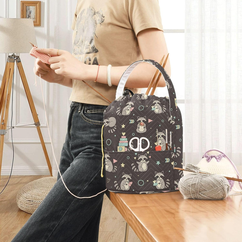 Cute Animals Raccoons Black Crochet Bag Organizer Yarn Storage Bag