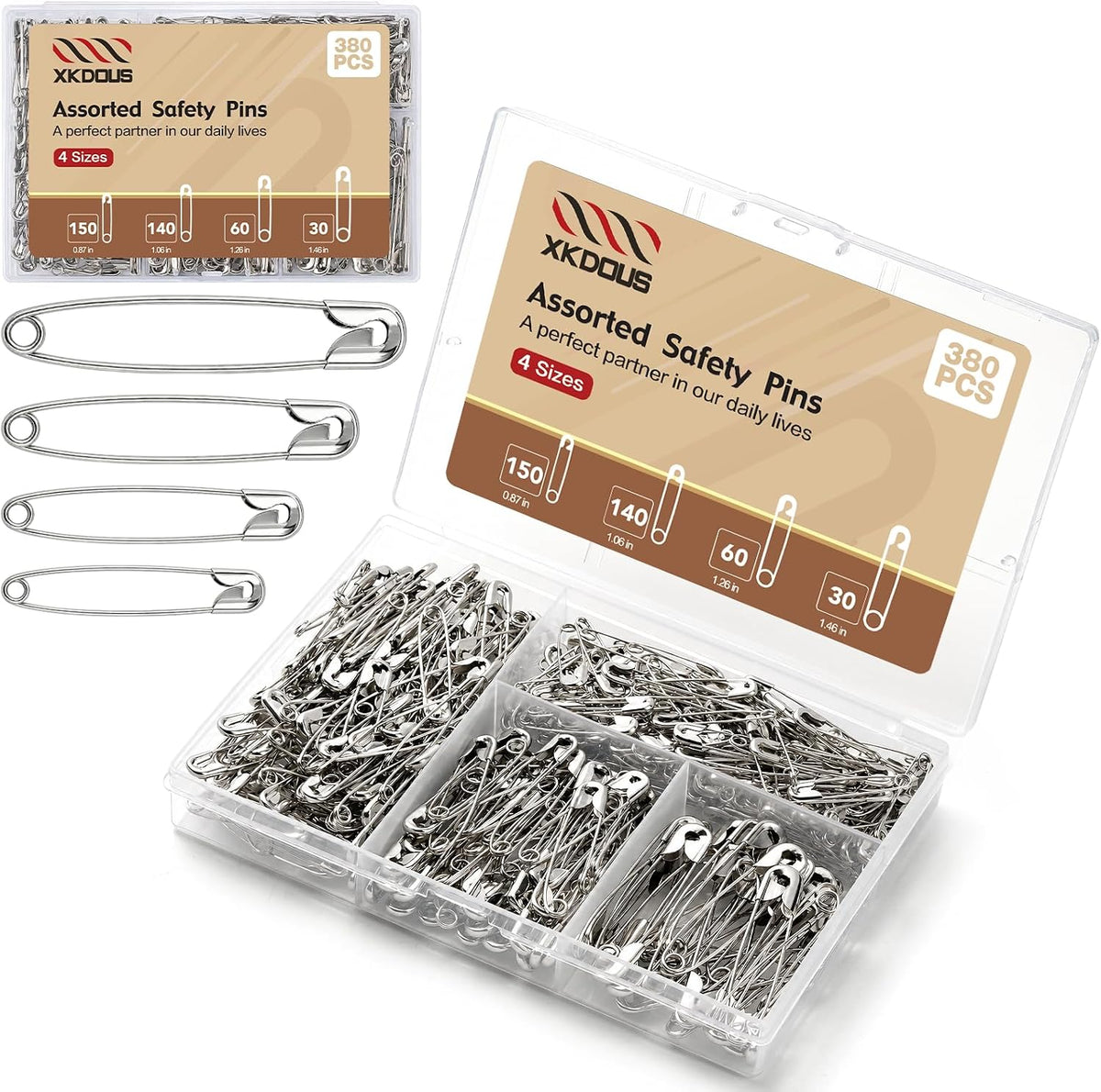 XKDOUS 380 Pack Safety Pins Assorted Sizes, Heavy Duty Pins for