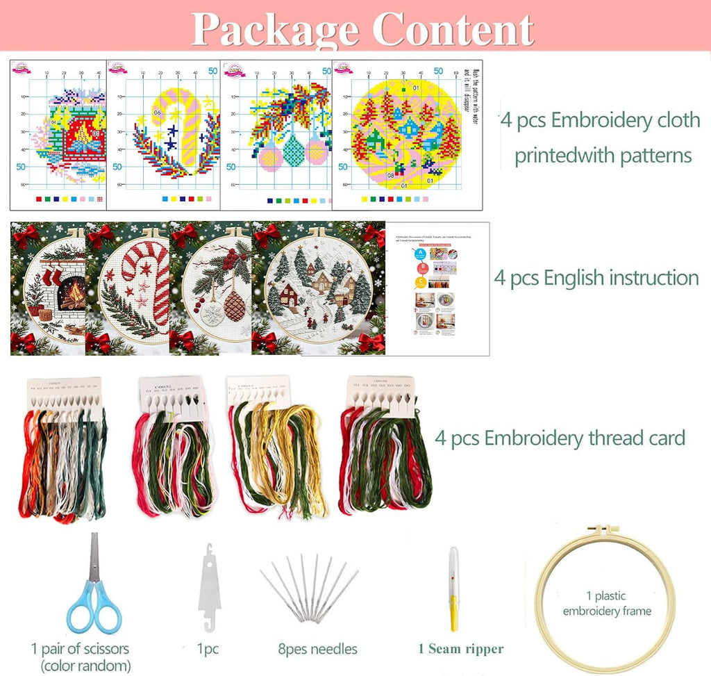 Zhenqing 11CT Stamped Cross Stitch Kit for Adults - 4-Piece Christmas