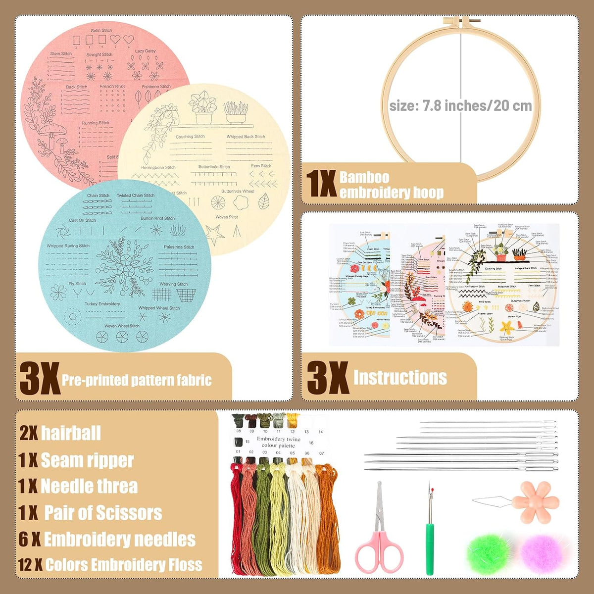 Beginner Embroidery Kit for Adults, 3 Pack Patterns with Video Guide