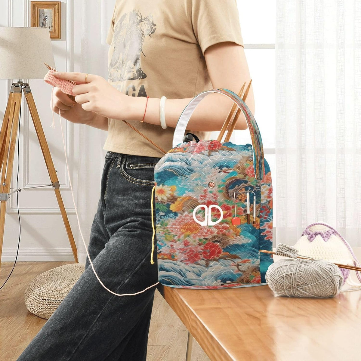 YETTASBIN Japanese Tree Flower Yarn Storage Bag, Large Crochet