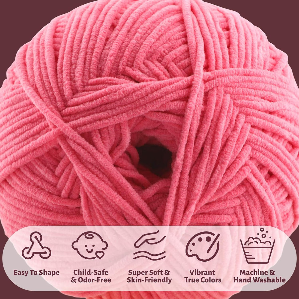 Skinny Chenille Yarn for Crocheting and Knitting - 1 Pack of