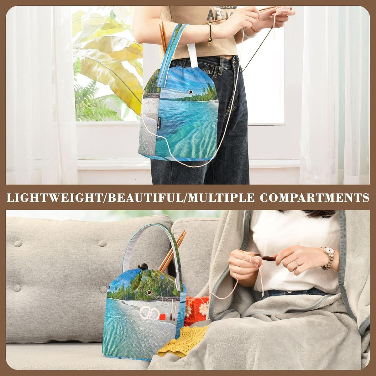 YETTASBIN Summer Beach Yarn Storage Bag, Large Crochet Knitting Bag