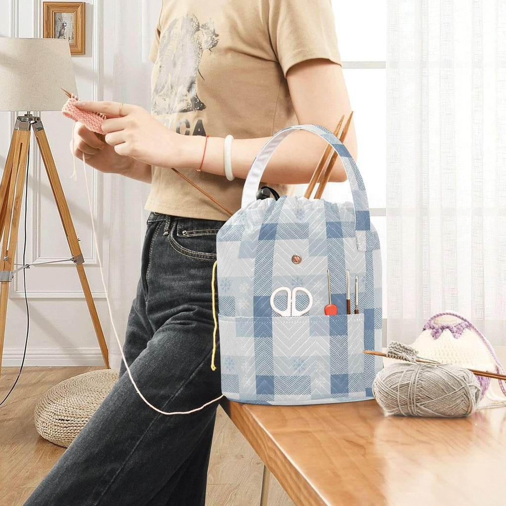 GuoChe Christmas Light Blue Snowflake Herringbone Crochet Yarn Bag