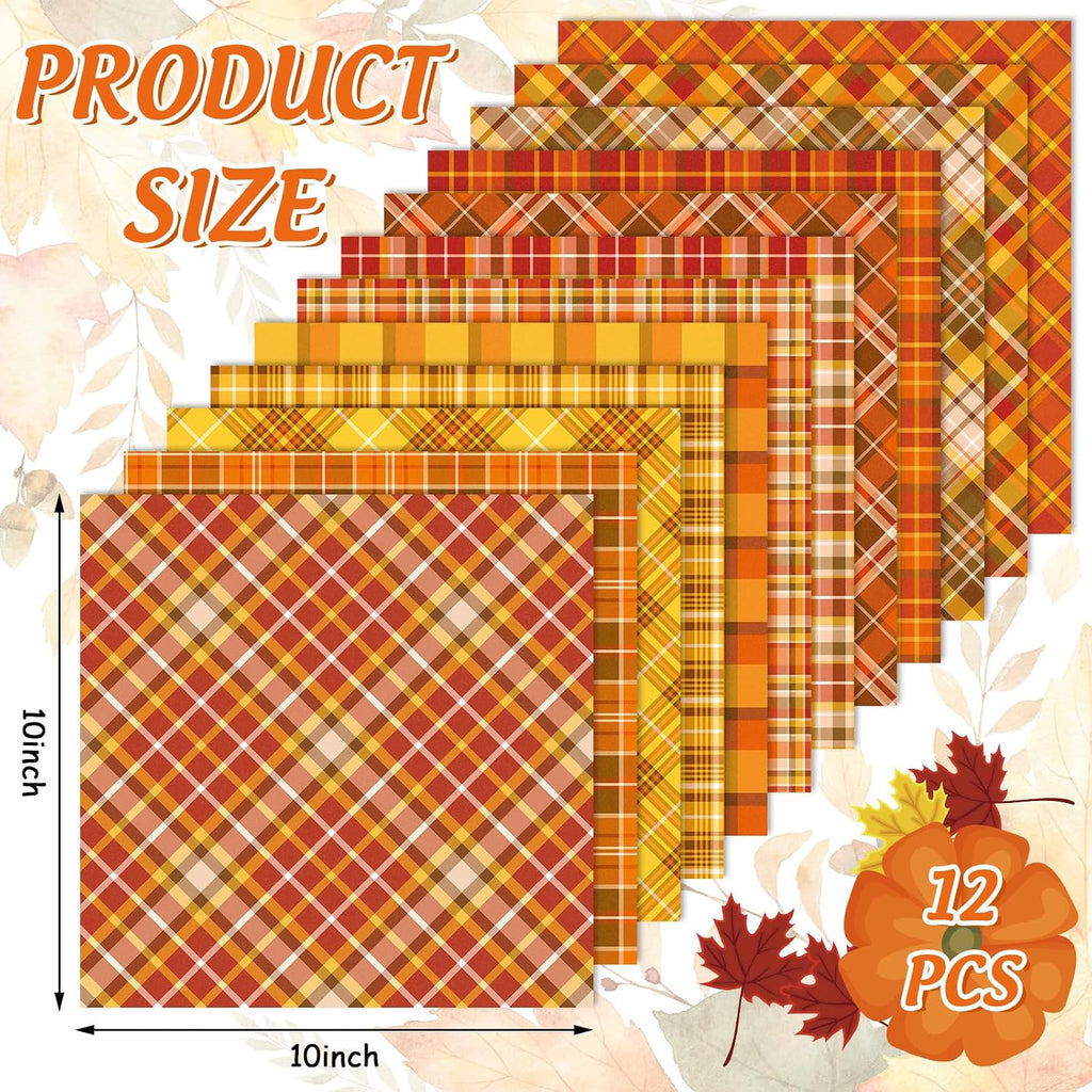 Whaline 12 Pcs Fall Cotton Fabric Bundles 10 x 10 Inch Autumn Buffalo