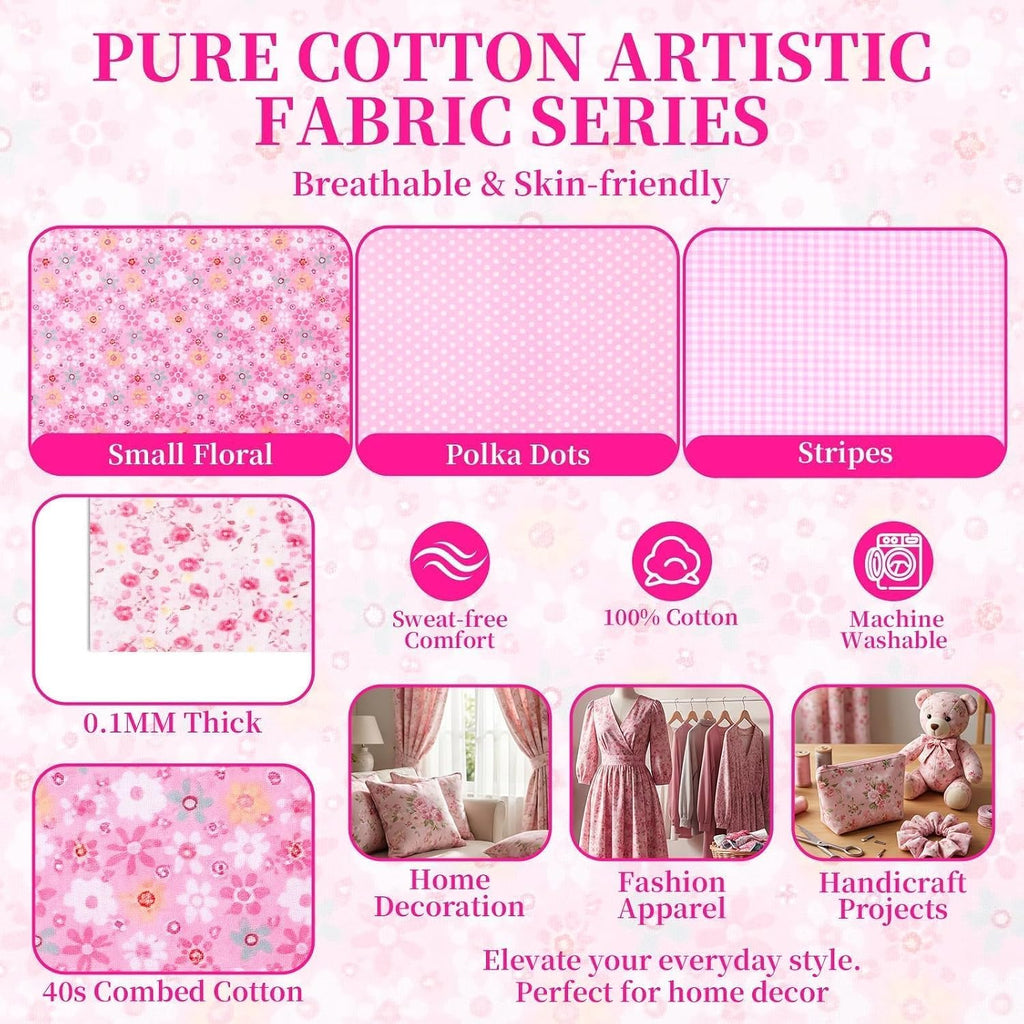 14PCS 10x10 Inch Pink Cotton Fabric Squares for Quilting, Pre-Cut
