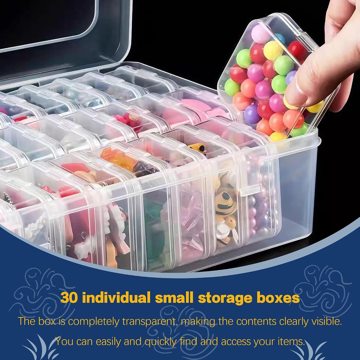 1 Large Box & 30-Grid Transparent Plastic Bead Organizer (Hinged Lid)