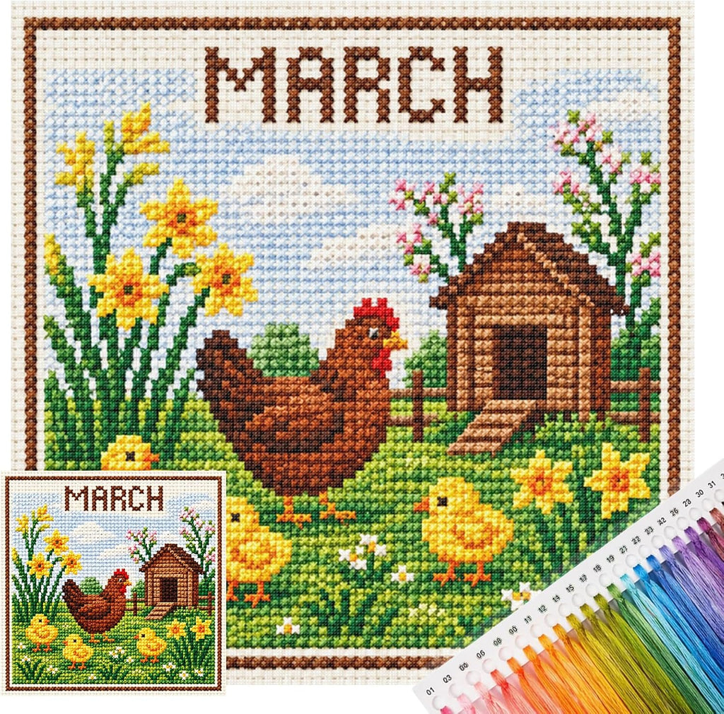 Stamped Cross Stitch Kit for Adults Chicks 14CT 40x40cm