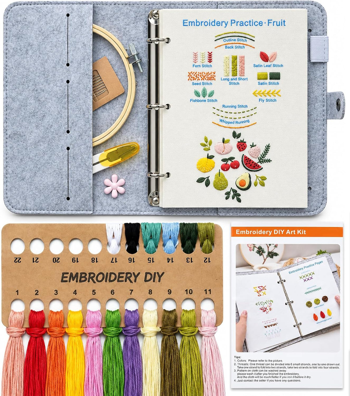 Thinas Embroidery Stitch Book Kit for Adults, 20 Stitches, Removable