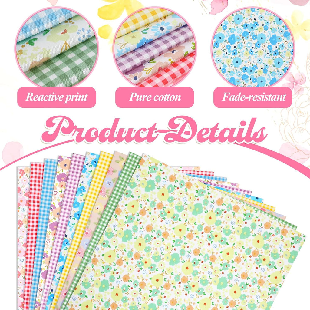 20 Pcs Floral Gingham Quilting Fabric Bundles 20"x20" Spring Flower