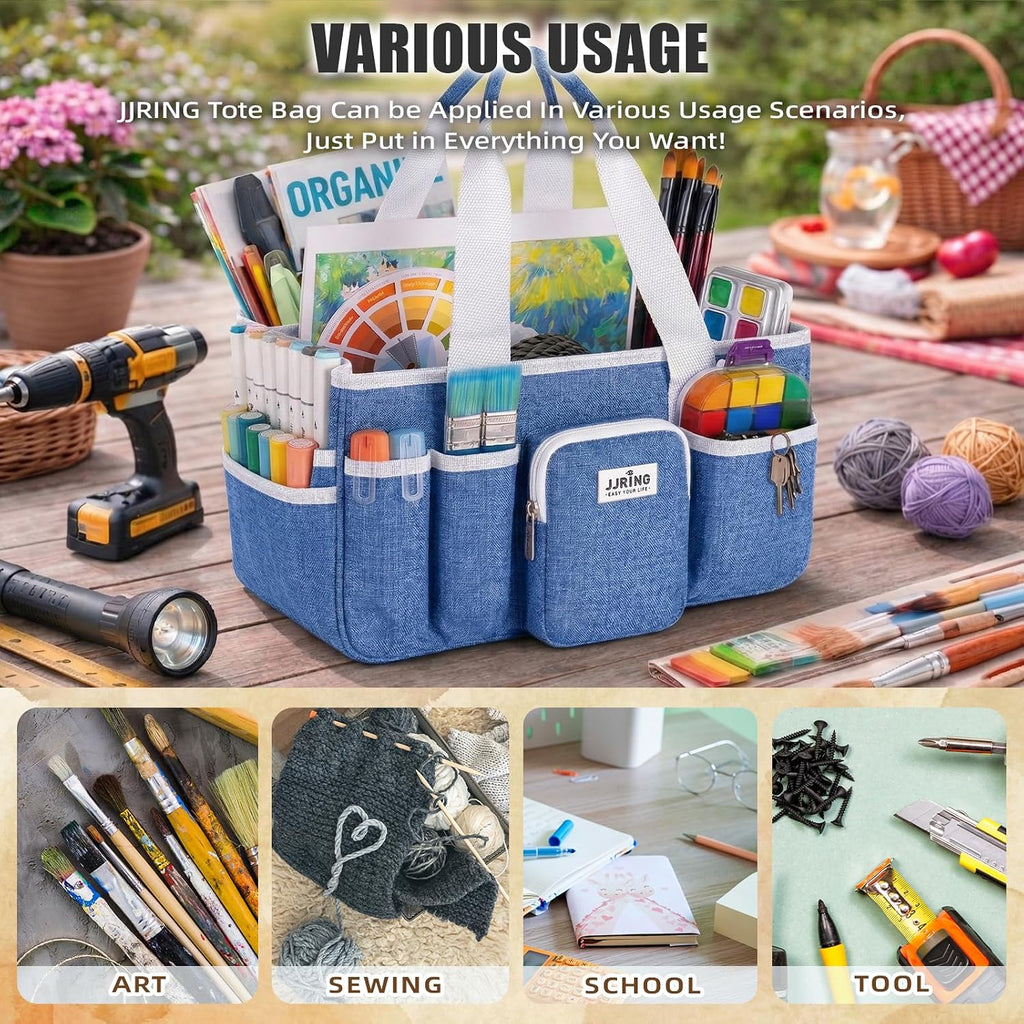 JJRING Foldable Craft Organizer Tote With Zipper & Divider, Blue