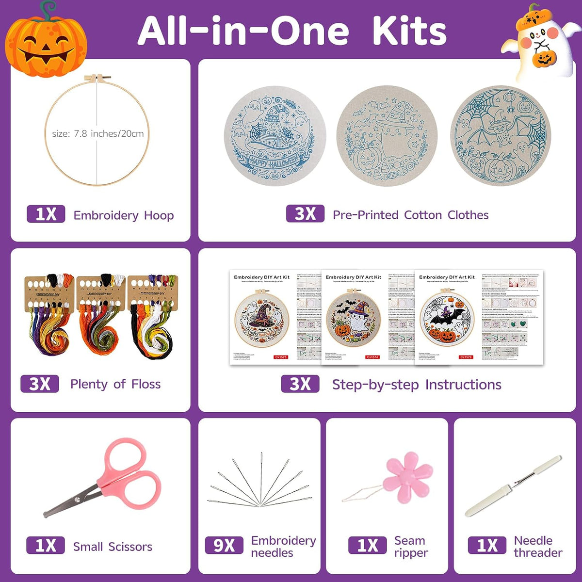 Halloween Embroidery Kit for Beginners with Pumpkin Ghost