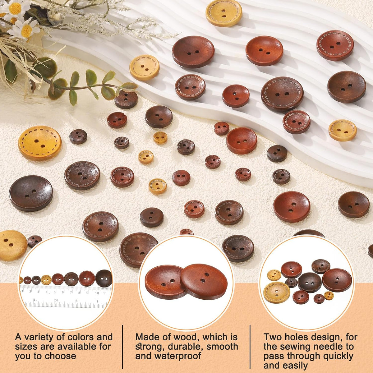 HARFINGTON 30pcs 32L Wooden Sewing Button 4/5"(20mm) 2 Holes Wood