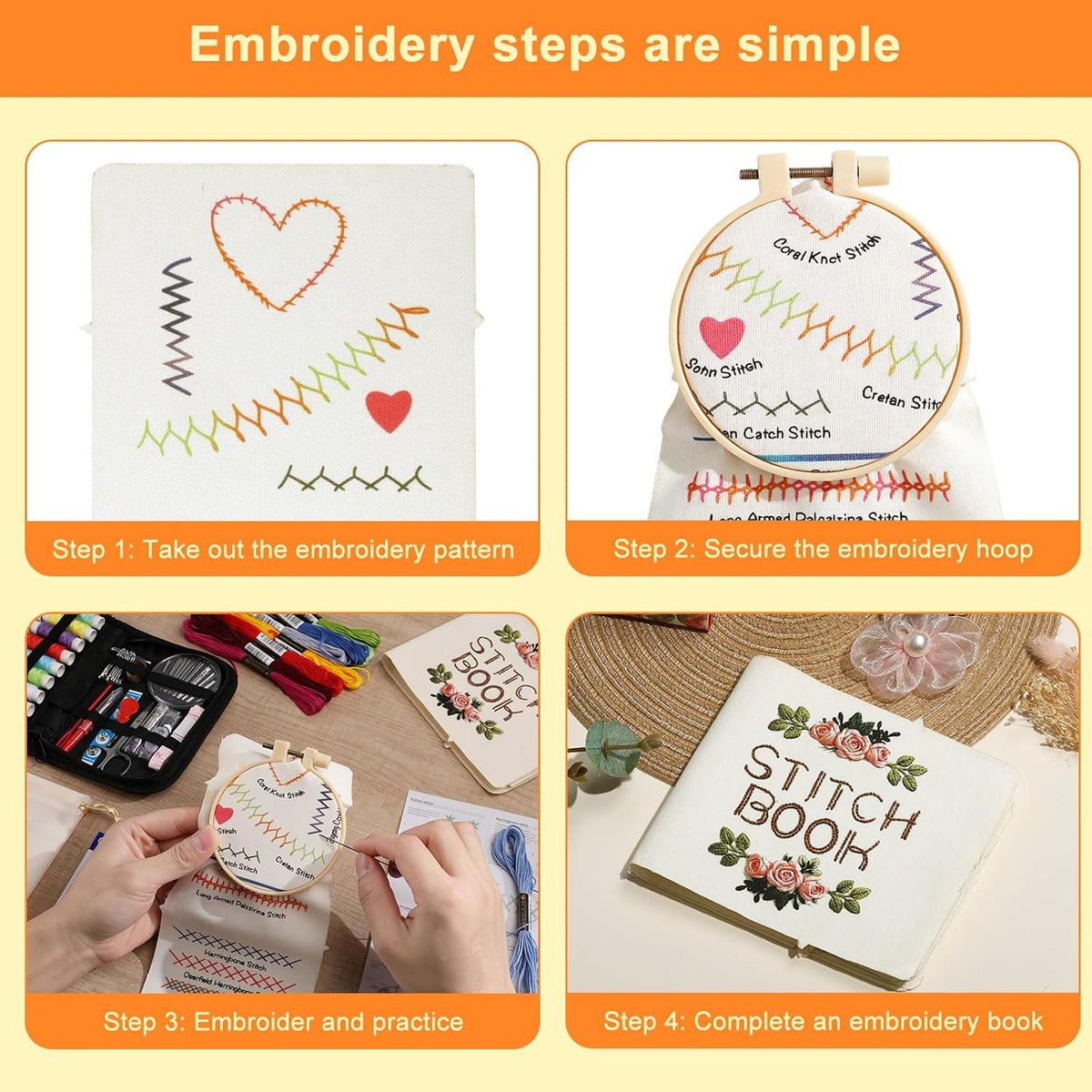 PulsePine Embroidery Stitch Book Kit with 16 Pages Practice Fabric,32