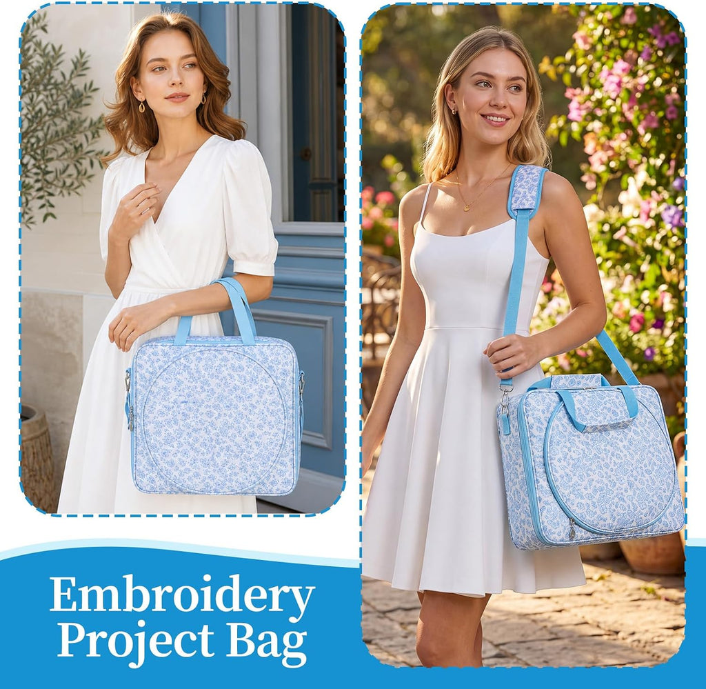 Locmeo Blue Floral Needlepoint Project Bag Embroidered Sewing