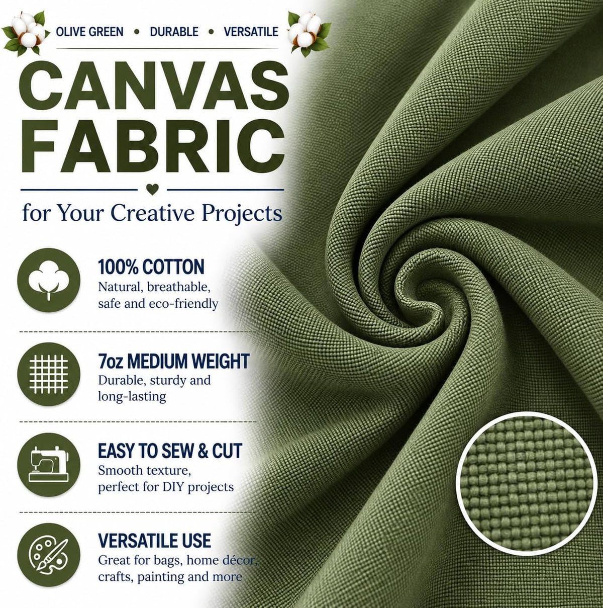 Olive Green Canvas Fabric, Premium 7oz 100% Cotton Duck Canvas Fabric