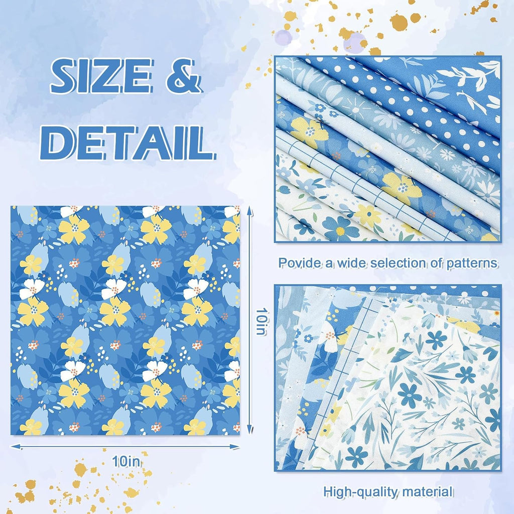 Whaline 32 Pcs Blue Floral Cotton Fabric Bundles Dot Plaid Flower