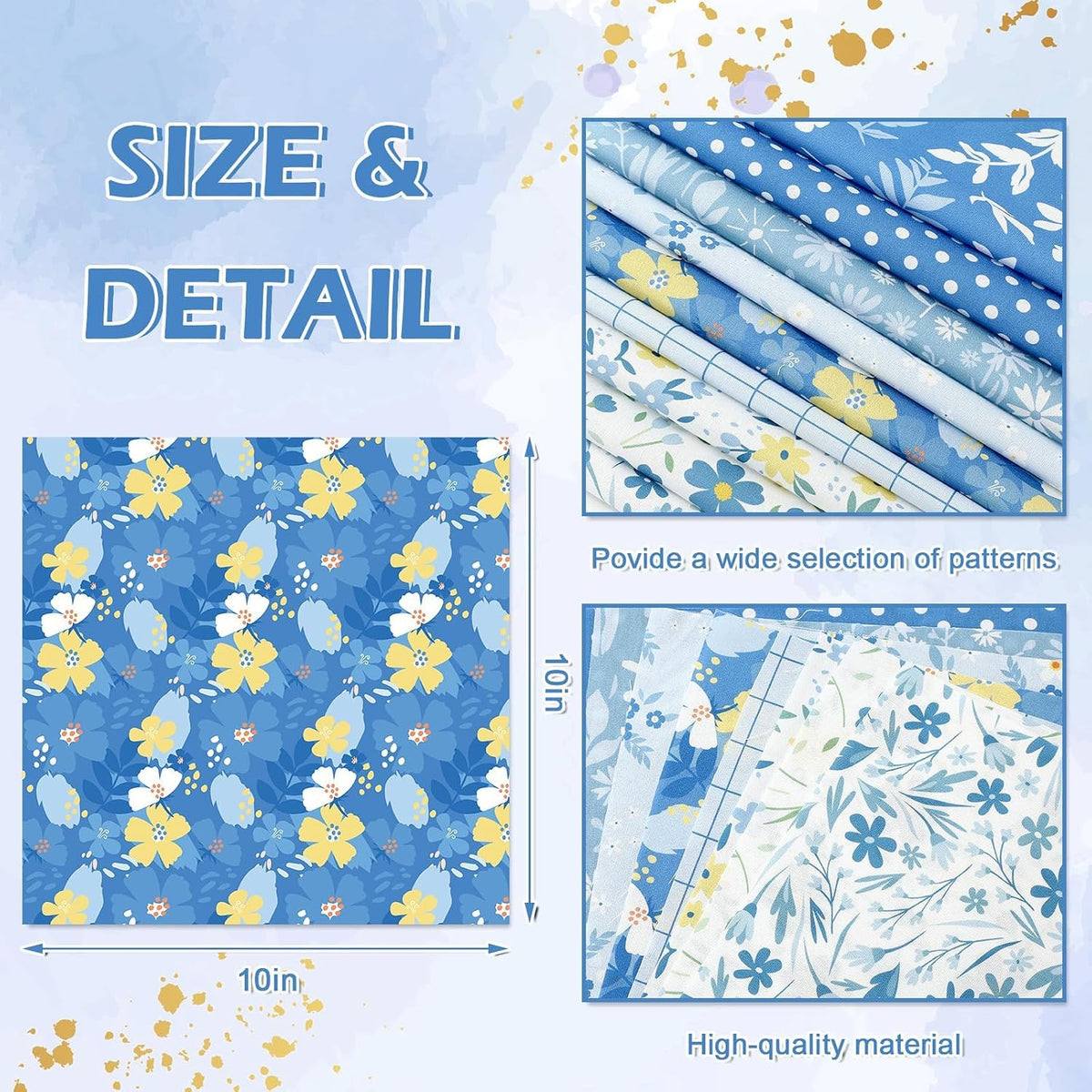 Whaline 32 Pcs Blue Floral Cotton Fabric Bundles Dot Plaid Flower