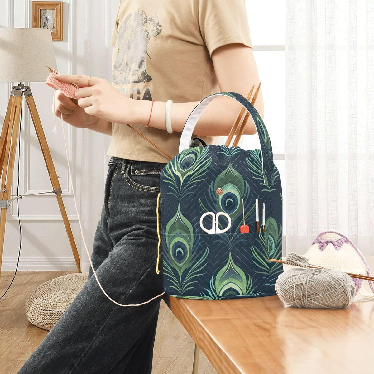 YETTASBIN Peacock Feather Yarn Storage Bag, Large Crochet Knitting Bag