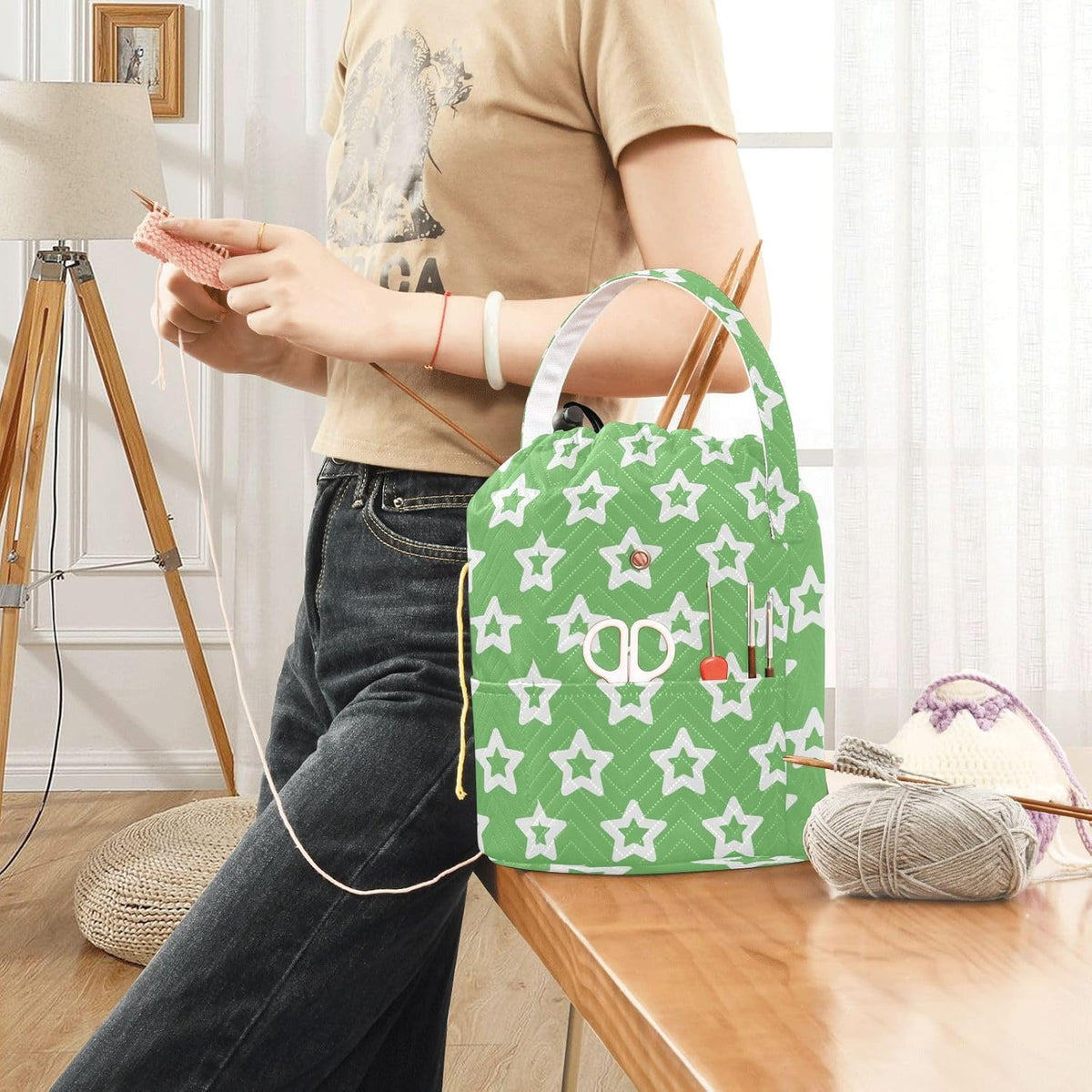Green Simple Minimalist Stars Crochet Bags Knitting Project Bag with
