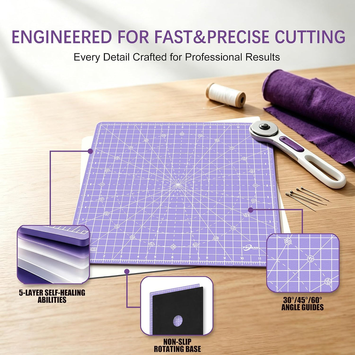 12"x12" Rotating Self Healing Cutting Mat, Fabric Cutting Mat with