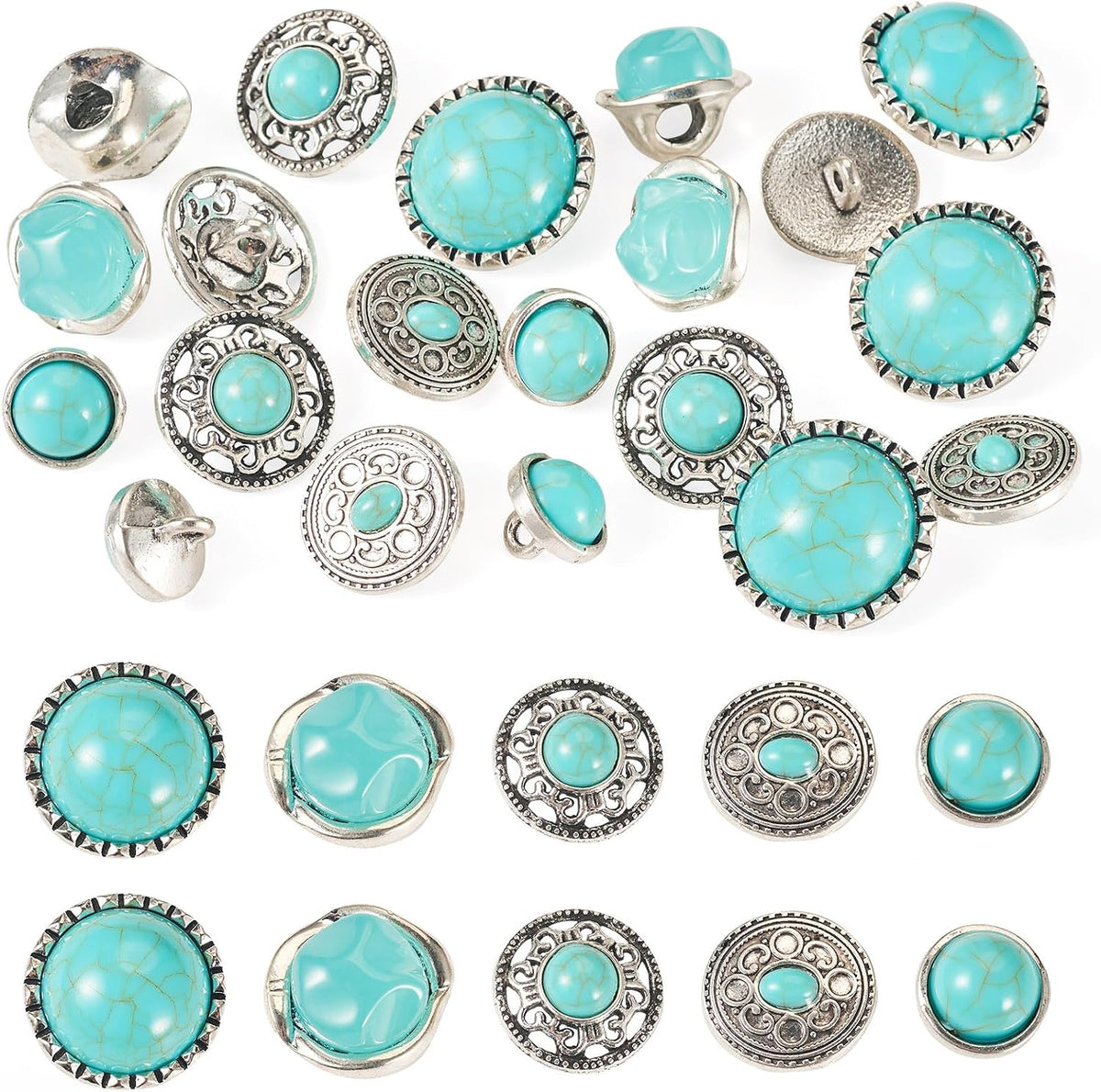 Beadthoven 20pcs Turquoise Alloy Buttons Antique Silver Metal Shank